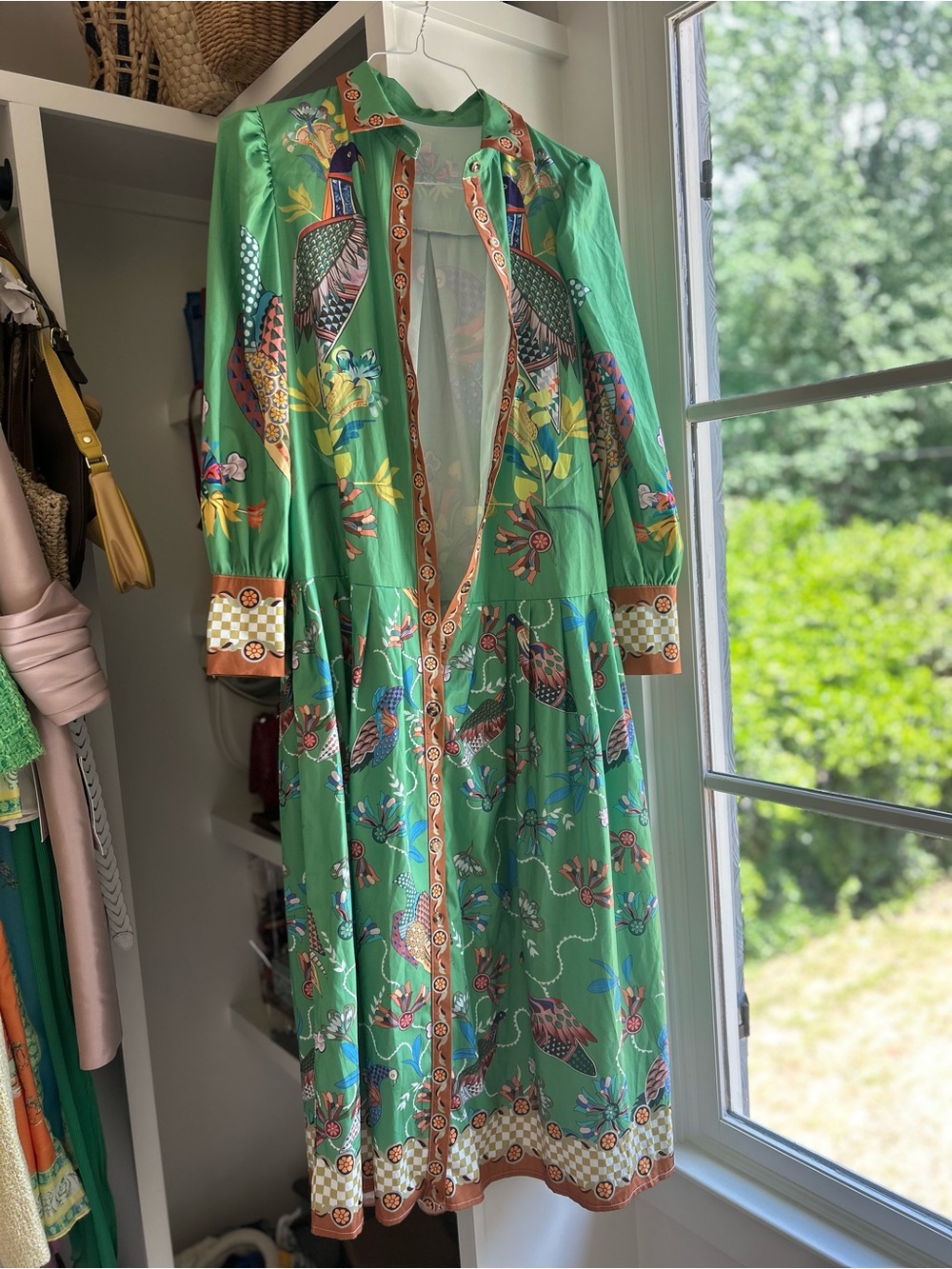 Green Floral Bird Print Long Button-Through Dress